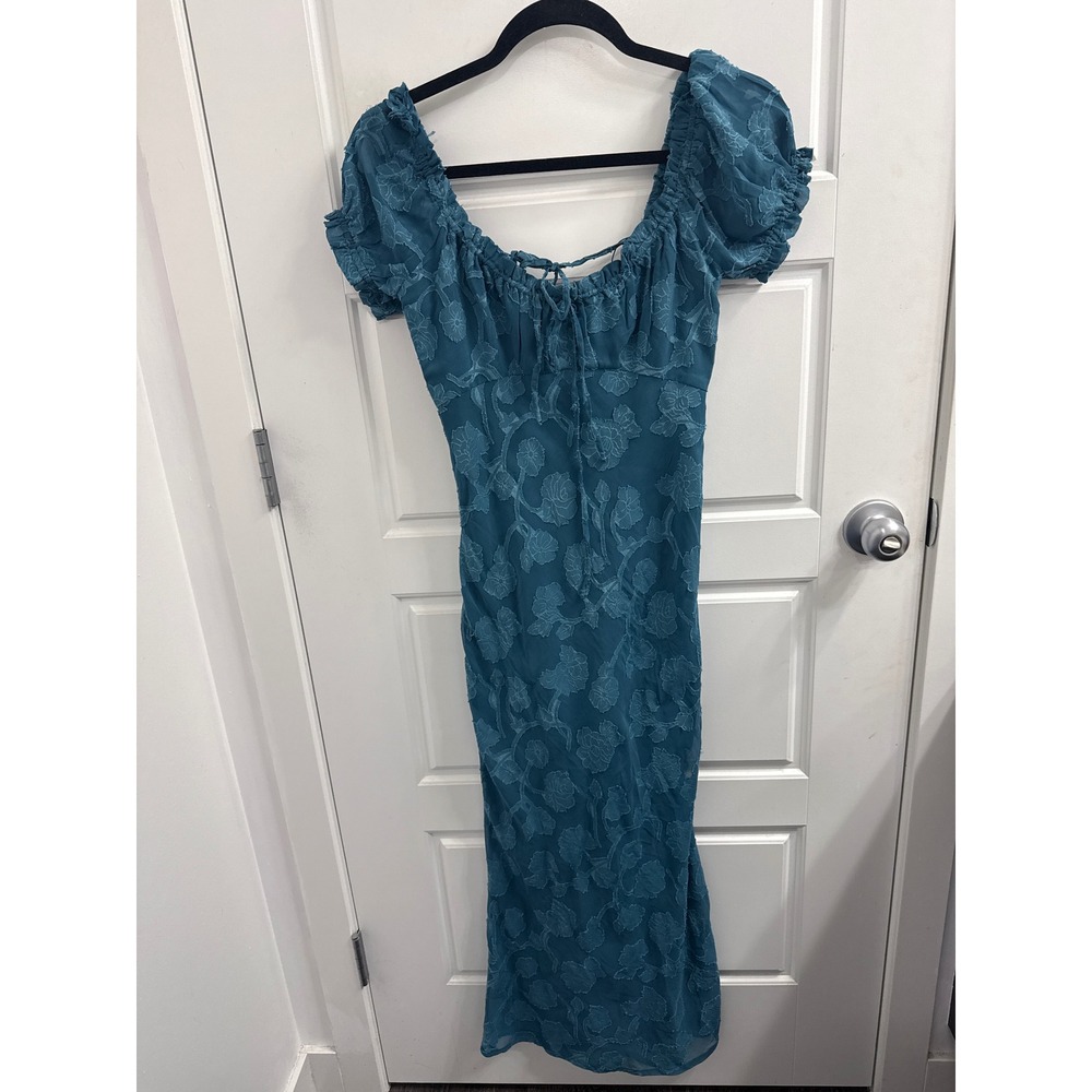 Urban Outfitters Teal Floral Burnout Milkmaid Midi‎ Dress XS Short Sleeve Blue